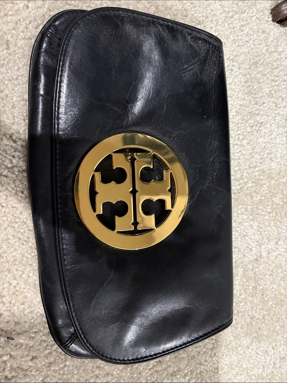 Tory Burch Black Leather Clutch with Gold Logo Medallion
